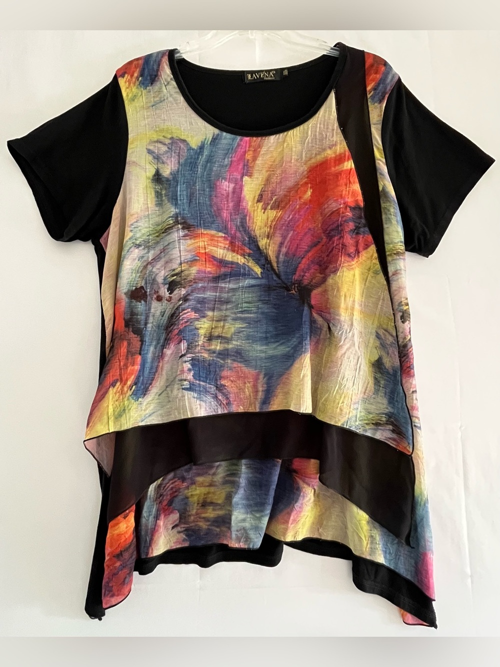 Lavena Abstract Watercolor Mesh Layered Asymmetrical Top XXL